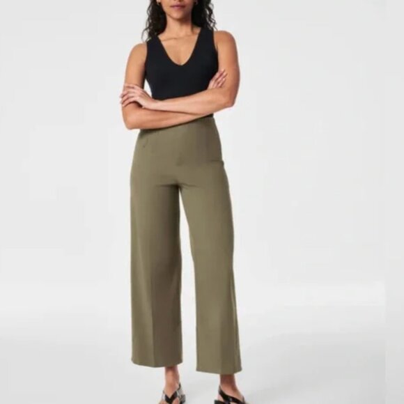NWT Spanx Stretch Twill Cropped Wide Leg Pant Olive Green - Picture 2 of 8